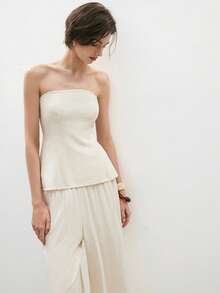 ATUI Studio Damen Sommerurlaub, Freizeit, Pendeln, einfaches, lässiges Tube-Top, schulterfreies Leinen-Zweiteiler-Set, Sommerkleider für Damen, Strand-Outfits für Damen, Sommerkleider für den Urlaub, Business-Casual-Damen, Strandurlaubs-Outfits, Sommer-Tops für Damen, Leinen-Set, Leinen-Top und Leinen-Hose - Aprikosenfarben - Übersicht 6