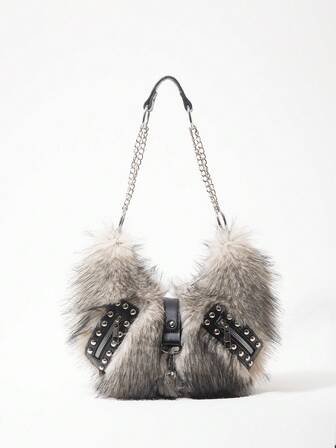Grunge Punk Damen Umhängetasche, Hobo Tasche, Kunstfell, Plüsch, Nieten, modisch, personalisiert, vielseitig, Straße, süß und cool Mädchen, heiße Mädchen, Punk, Y2K, Alltag, Herbst und Winter (zufälliges Muster)