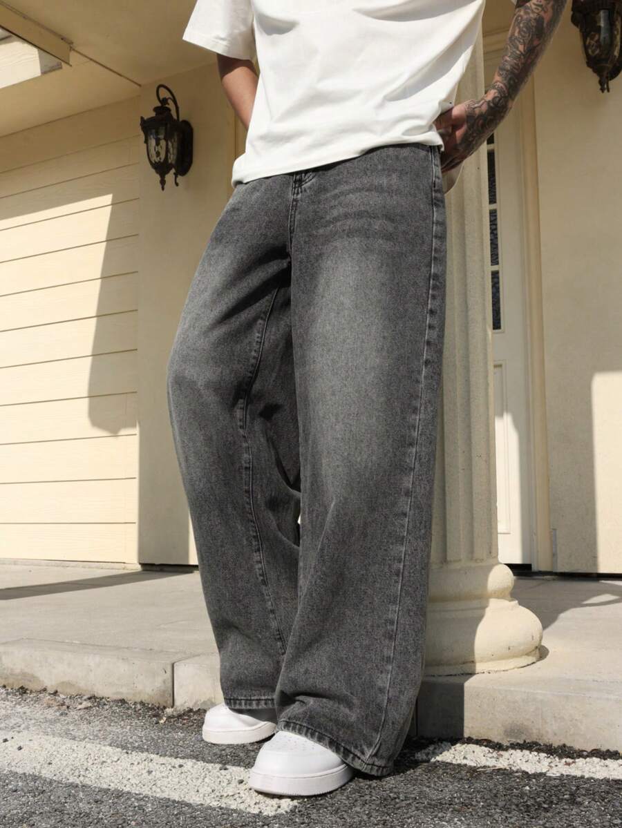 Manfinity Hypemode Men's Black Loose Fit Wide Leg Casual Jeans Baggy Jeans Men Wide Leg - Light Grey - View 1