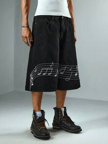 ROMWE MEN Street Life شورتات جينز واسعة الساق مطرزة بنوتة موسيقية للرجال