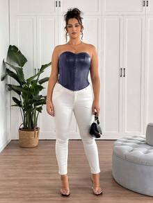 SHEIN Tall CURVE Canotta nera in ecopelle con bottoni centrali frontali, taglie comode - Blu Navy - Visualizzare 4