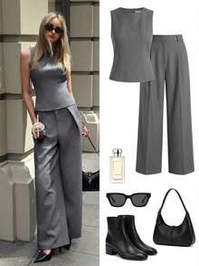 Aloruh 女士秋冬新款套装，时尚通勤优雅办公装，灰色碎花无袖马甲+阔腿西装裤 - 灰色 - 查看 4