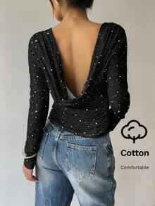 Siren Gaze Damen sexy, romantisch, elegant rückenfreies Pailletten glänzendes Langarm T-Shirt, geeignet für Pendeln, Partys, Jahrestreffen, Dates, Ausflüge, Kombinationen, schick, Neujahrsstimmung