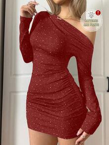 SHEIN EZwear 女士纯色圣诞派对网纱紧身迷你红色连衣裙 - 紅色 - 查看 4
