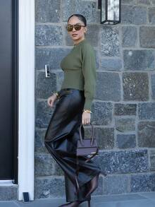 Melissa Matos Casual Round Neck Drawstring Waist Slim Fit Solid Color Knit Sweater, Versatile For Autumn/Winter - Green - View 5