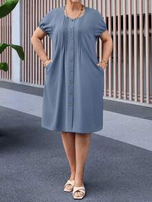 EMERY ROSE Plus Size Women's Casual Everyday Commute Simple Solid Color Bubble Sleeve Oblique Pocket Fold Pleated Loose Dress, Summer - Blue - View 3