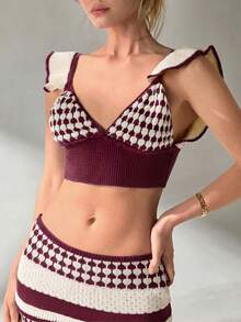 EURMUSE Women Top And Skirt Openwork Sweater Cover Up Set - Burgundy - View 7