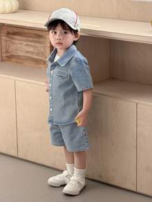 DAZY Bộ 2 món áo sơ mi và quần short denim cổ bẻ cho bé trai, thích hợp cho mùa hè. - Màu xanh lam - Xem 4