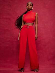 NYA SZN Pantalón de tiro alto, pierna ancha, suelto, holgado, con cinturón, estilo grunge, cromado, ropa de calle, casual de todos los días, ocasión especial, Ibiza, ciudad, evento, otoño, invierno, atuendos para mujer - Rojo - Ver 3