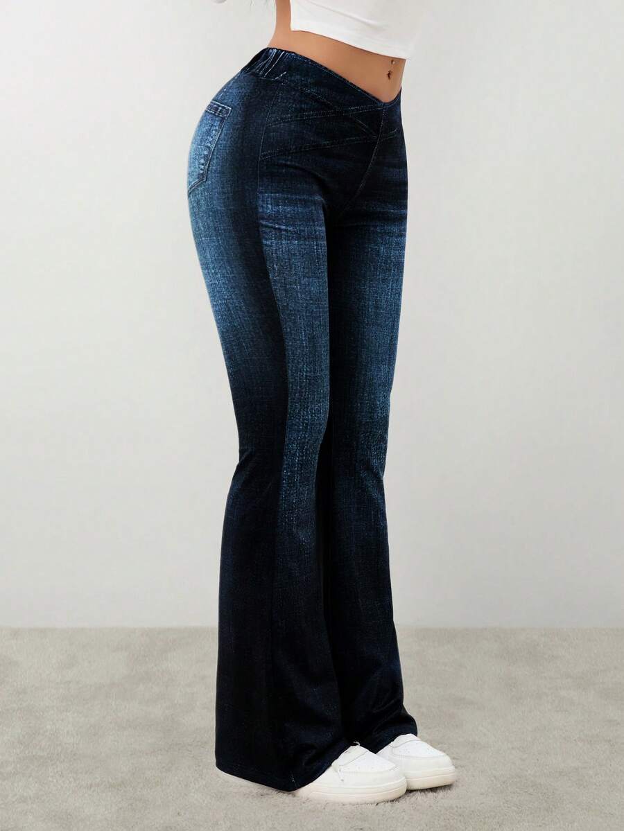 SHEIN PETITE Women's Overlapping Waist, Slightly Flared, Elegant Pockets, Natural Flared Trousers, Dark Trousers For Women - Dark Wash - View 1