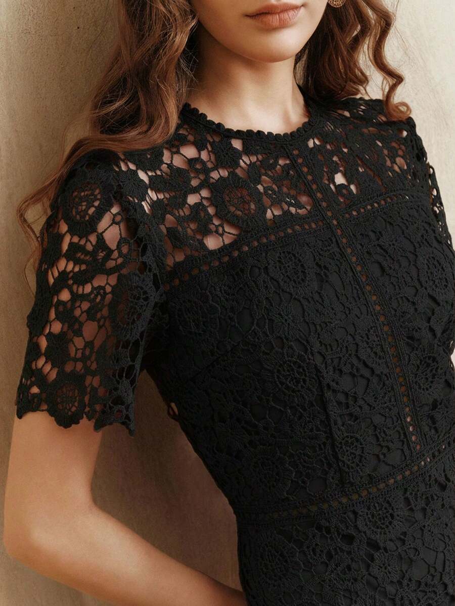 Anewsta 优雅蕾丝拼接黑色短袖花卉拼接连衣裙（女款） - 黑色 - 查看 1