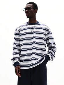 SUMWON Men's Crew Neck Long Sleeve Striped T-Shirt Casual Everyday Tee Fall Winter Comfort Fit Top - Light Grey - View 1