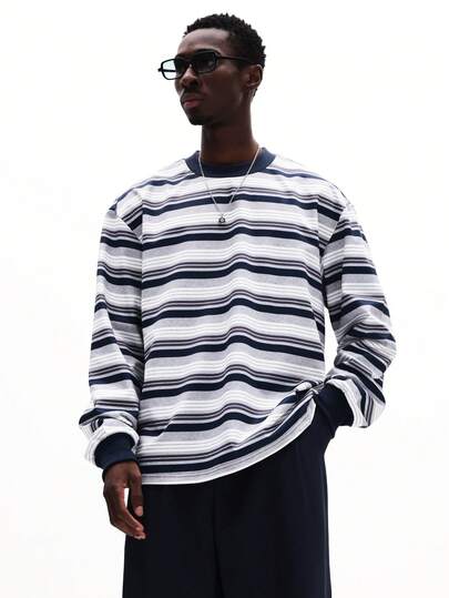 SUMWON 男士圆领长袖条纹T恤，休闲日常T恤，秋冬舒适修身款上衣