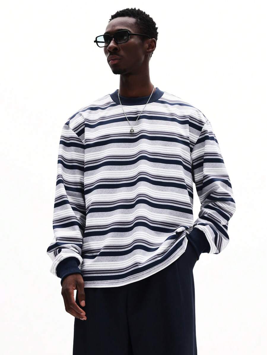 SUMWON Men's Crew Neck Long Sleeve Striped T-Shirt Casual Everyday Tee Fall Winter Comfort Fit Top - Light Grey - View 1