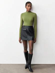 Maija Women's Solid Color Fitted Waist High Neck Long Sleeve Minimalist Chic Elegant Basic Sweater, Suitable For Urban Commute, Business Casual, Office Wear Green Sweater Mock Neck Top - Green - View 3