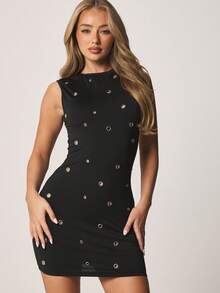 MISSGUIDED Robe moulante mini sans manches avec détail œillet métallique, col rond pour soirée