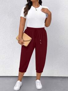 SHEIN CURVE+ Plus Size Women Solid Color Drawstring Capri Pants - Burgundy - View 4