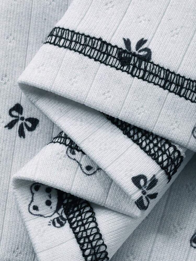 Bow Tie, Bear & Floral Pattern Loose Women Pajama Set