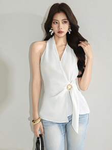 Heiryn New Korean Style Linen-Feel Halter Neck Overlapping V-Neck Pleated Metal Buckle Structured Sleeveless Top - White - View 3