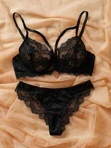 SHEIN 2pcs/Set Lace Solid Color Sexy Women's Underwire Bra Set - Black - View 4