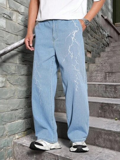 Manfinity EMRG Plus Size Men's Lightning Embroidered Distressed Washed Black Denim Jeans, Suitable For All Seasons Light Blue Pants