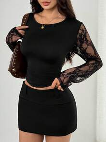 SHEIN PETITE Women's Summer Lace Panel Mesh Fashion Sexy T-Shirt - Black - View 5