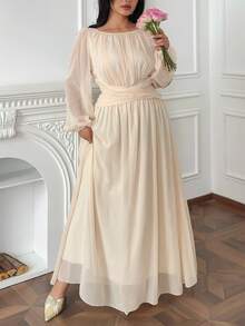 Vibekara Đầm dài đến mắt cá chân dáng chữ A, cạp cao, xếp ly, chất liệu chiffon Pháp thanh lịch, màu mơ, cỡ lớn. - Màu be - Xem 7