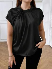 EMERY ROSE Plus Size Black Plain Ruched Stand Collar Woven Fabric Batwing Short Sleeve Blouse Top - Black - View 4
