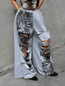 POPSWAY Plus Size Women's New Leopard Print Distressed Loose Punk Y2K Casual Sweatpants, Elastic Waist Sports Pants, Suitable For Spring And Autumn, Daily Wear - Grey - View 5