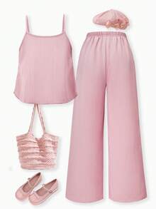 SHEIN Tween Girls' Casual Sweet Textured Crinkle Fabric Drawstring Design Camisole Top & Wide Leg Pants 2-Piece Set, Suitable For Daily, Commute, Holiday, Sisterly Street Style, Spring/Summer - Baby Pink - View 2
