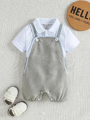 Conjunto de polo de manga corta y pantalones cortos con babero para bebé niño, adecuado para el hogar, exteriores, vacaciones, fiestas y otras ocasiones diarias