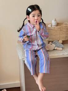 DAZY 2件套幼儿女童休闲圆领T恤和条纹裤舒适睡衣 - 彩色 - 查看 6