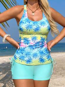 Swim Lushoire Women's Swimsuit Set With Drawstring, Crossed Straps, Tummy Control, Tropical Plant & Coconut Tree Print, Fashionable Casual Vacation 2 Pieces, Suitable For Spring, Summer, Autumn, Winter