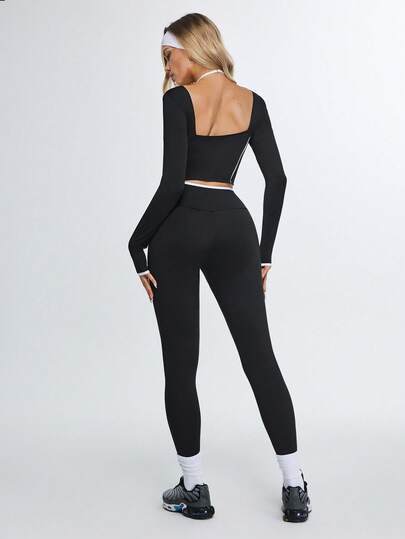 Eassivo Eassivo Women's 2 Piece Workout Set,Contrast Trim Long Sleeve Crop Top And High Waist Cross Waist Leggings, Stretch Athletic Yoga Outfit, Gym Fitness Activewear Matching Set,Long Sleeve Workout Set,Workout Legging Two Piece Set,Sporty Two Piece Set