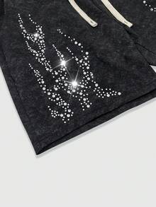 ROMWE MEN Street Life Bộ đồ nam gồm áo thun ngắn tay cổ tròn đính đá và quần short cạp chun, kiểu dáng thường ngày, phù hợp cho kỳ nghỉ và du lịch. - màu đen - Xem 5