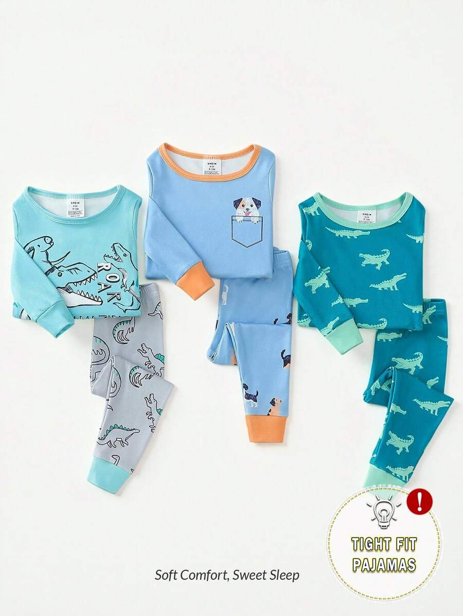 Set de pijamale cu mâneci lungi și pantaloni lungi cu imprimeu cu dinozaur și câini pentru copii mici, cu culori vii și design detaliate, stil casual și distractiv, potrivit pentru copiii mici - Multicolor - Vizualizare 1