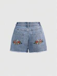 ROMWE 女士浅色水洗做旧牛仔短裤，复古风格毛边裤脚，时尚休闲夏季新款短裤，带3D立体花卉刺绣口袋 - 藍色 - 查看 1