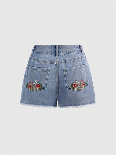 ROMWE 女士浅色水洗做旧牛仔短裤，复古风格毛边裤脚，时尚休闲夏季新款短裤，带3D立体花卉刺绣口袋