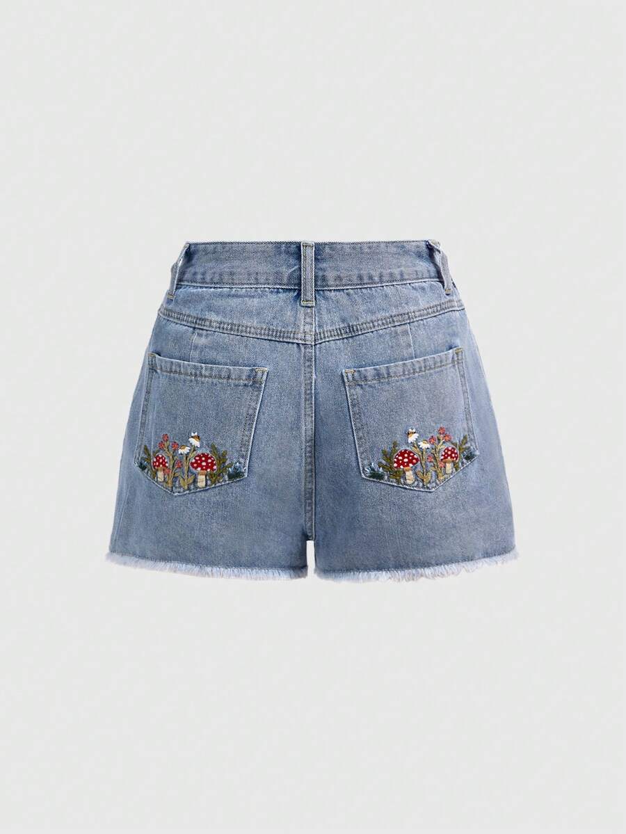 ROMWE 女士浅色水洗做旧牛仔短裤，复古风格毛边裤脚，时尚休闲夏季新款短裤，带3D立体花卉刺绣口袋 - 藍色 - 查看 1