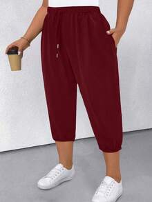 SHEIN CURVE+ Plus Size Women Solid Color Drawstring Capri Pants - Burgundy - View 3