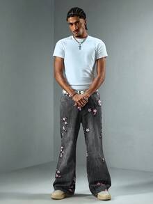 ROMWE MEN Street Life Men's Floral Pattern Pocket Wide Leg Loose Casual Jeans - Black - View 6