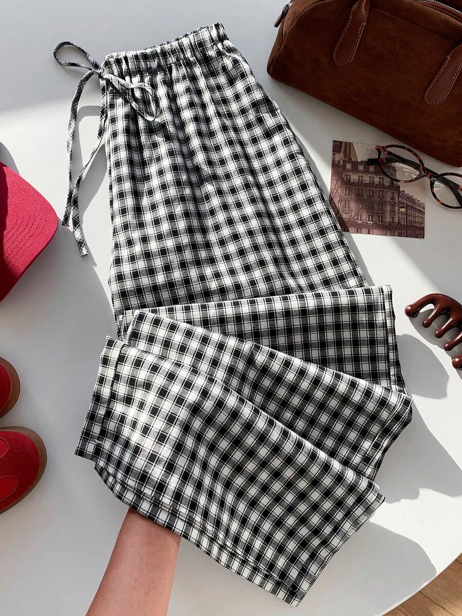SHEIN EZwear Women's Loose Wide Leg Plaid Pants With Front Tie, Casual Daily Wear - Black - View 1