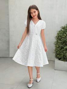 Firerie Kids 少女象牙色泡泡袖收腰休闲日常假日派对可爱甜美优雅连衣裙 - 白色 - 查看 3