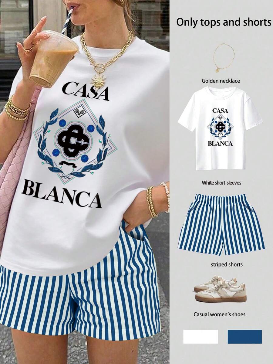 EMERY ROSE Conjunto informal de 2 piezas de mujer con camiseta estampada con letras y shorts a rayas, para verano - Blanco - Ver 1