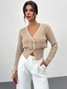 Firerie Casual Women Grey V Neck Rib-Knit Pullover Loose Sweater With Long Drop Shoulder Sleeves - Grey - View 6