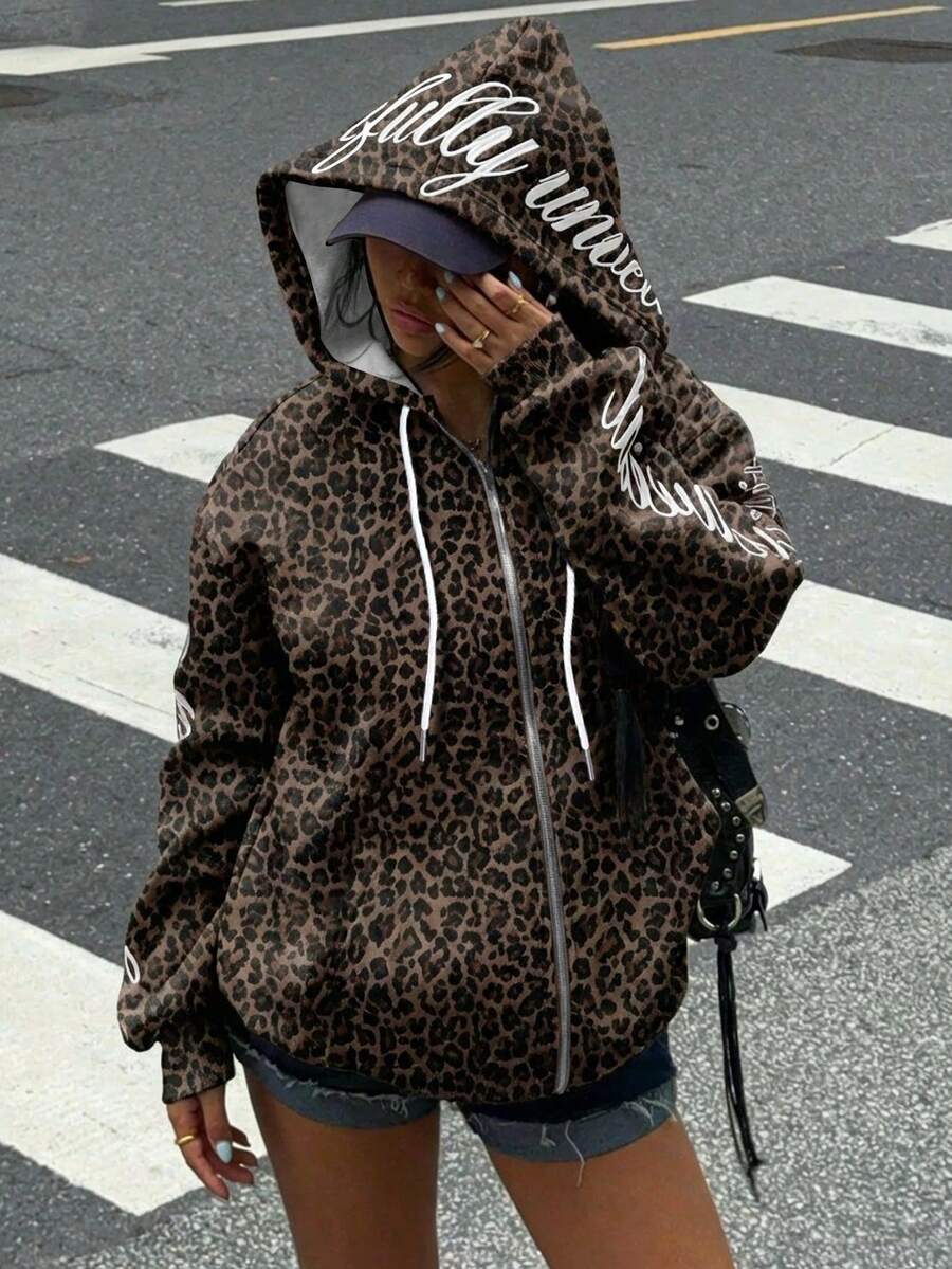 Muchica 经典休闲豹纹字母拉链卫衣,女款,Y2K风格,街头风,复古风,返校季,秋季,度假装,女士休闲装,教师装,秋冬季,校服,乡村风,嘻哈风,豹纹上衣 - 彩色 - 查看 1
