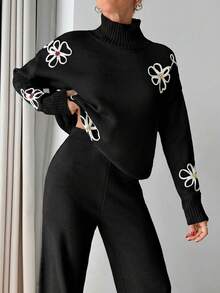 SHEIN Cottnline Women 3d Floral Embroidery Sweater Co-Ord Set - Black and White - View 6