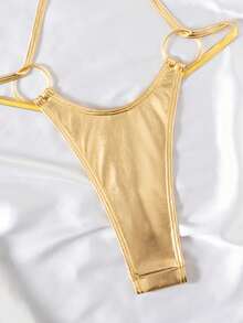 Swim SXY Women's Sexy Hollow Out One-Piece Swimsuit, Elegant Vacation Chic Minimalist Party Wear, Metallic Fabric, Suitable For Spring Break, Christmas - Gold - View 5