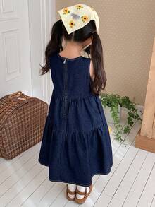 DAZY Young Girl' Round Neck Washed Denim Casual Summer Dress - Dark Wash - View 2