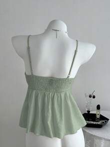 Sweetra Áo hai dây vải xếp ly màu hồng dễ thương cho nữ, mùa hè - màu xanh lá - Xem 2